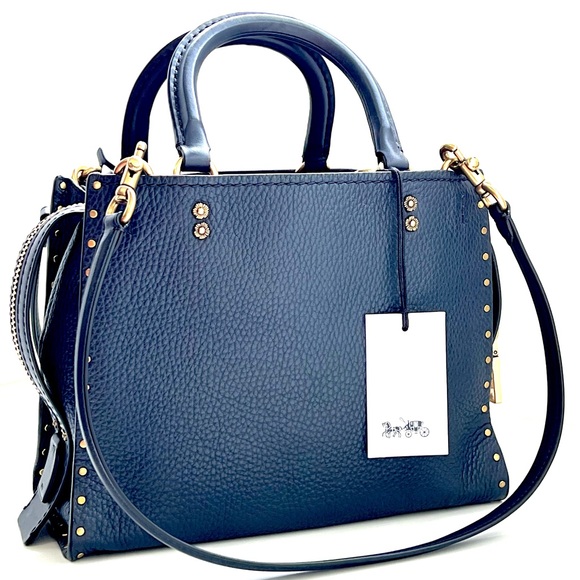 COACH 1941 Rogue 25 In Deep Navy Blue With Tea Rose Rivets - Picture 16 of 16